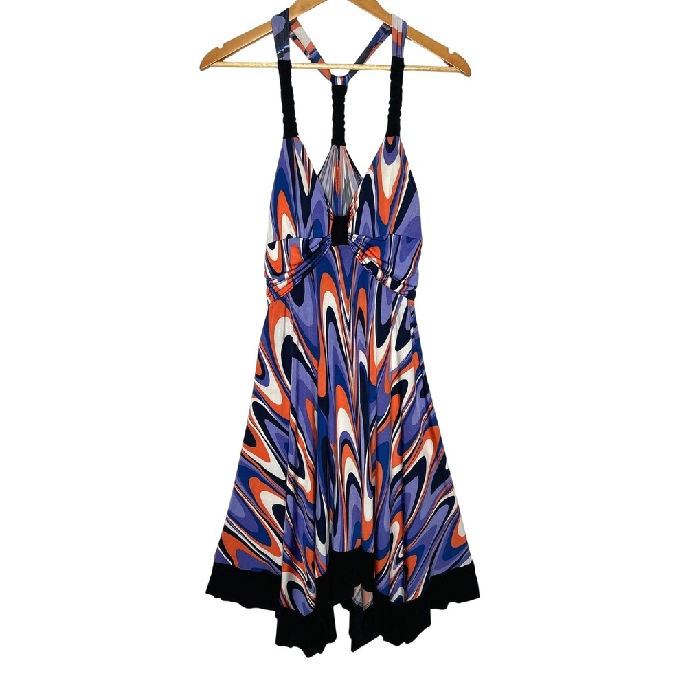 Vtg Y2K Psychedelic Handkerchief Hem Dress L Purple Orange Bra Slinky Hippie USA